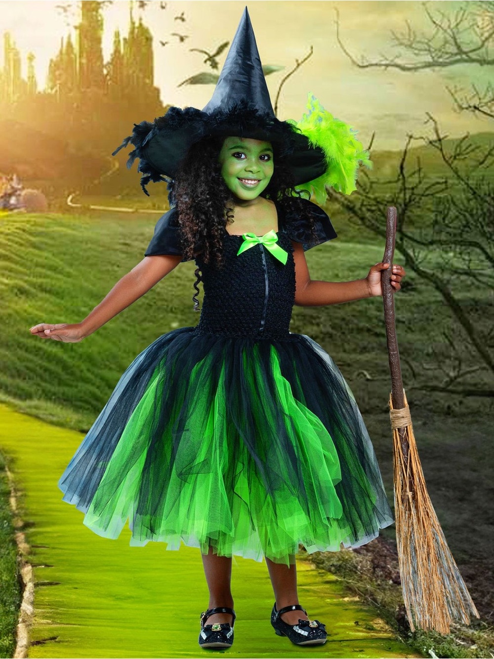 Mia Belle Girls Wicked Emerald Green Witch Costume Dress Hat 7Y
